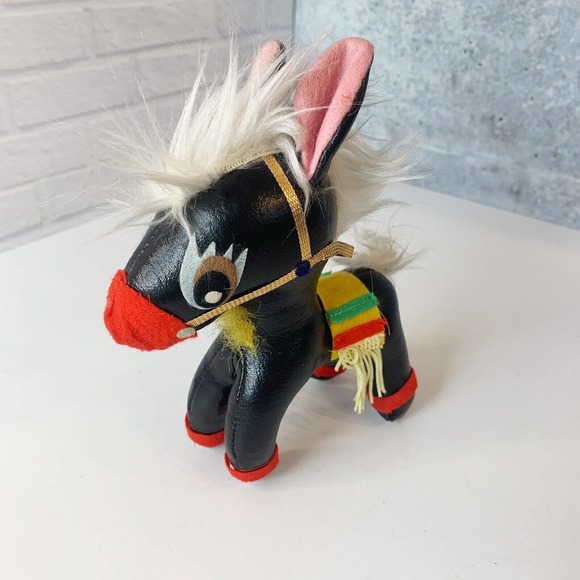 Vintage Black Leather Horse Donkey Toy Figure Felt 7 Inches - Picture 3 of 7